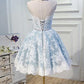 Light Sky Blue Halter Homecoming Dress with Lace Appliques, Cute Short Formal Dress M1733