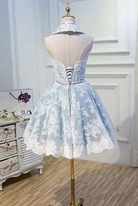 Light Sky Blue Halter Homecoming Dress with Lace Appliques, Cute Short Formal Dress M1733