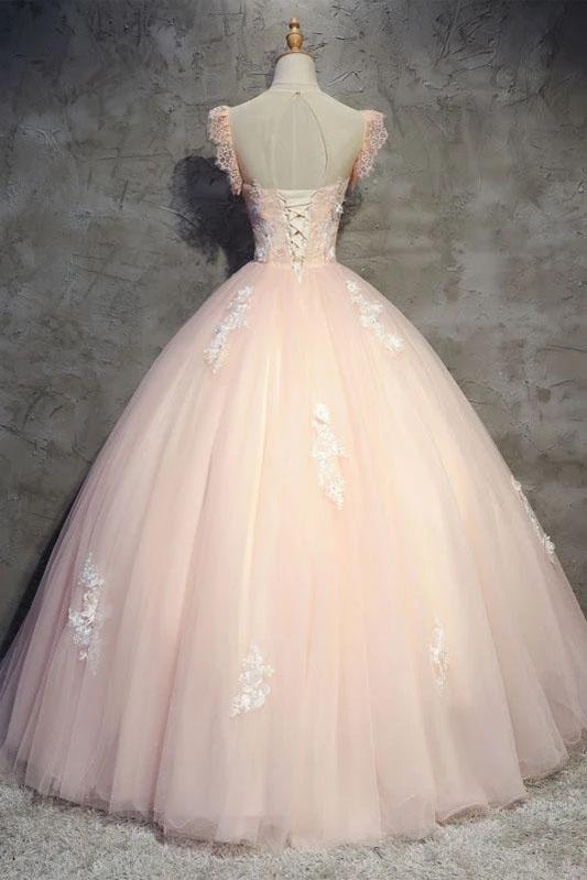 Light Peach Tulle Long Prom Dress with Flowers, Princess Ball Gown Sheer Neck Party Dress M1807