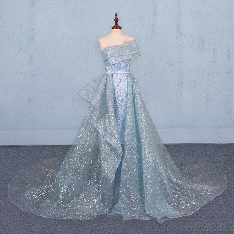 Gorgeous Strapless Puffy Prom Dress, Glitter Sheath Evening Dress with Detachable Train  M1851