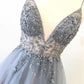 Spaghetti Straps V Neck Tulle Prom Dress with Appliques, A Line Long Formal Dress with Beads M1894