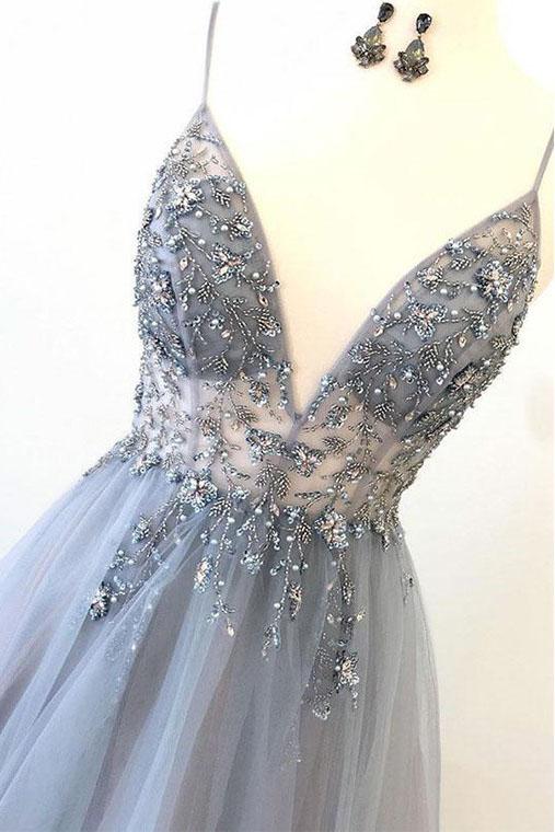 Spaghetti Straps V Neck Tulle Prom Dress with Appliques, A Line Long Formal Dress with Beads M1894
