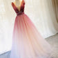 Newest Lace Up Back Burgundy V-neck A-line Long Beading Prom Dresses M1982