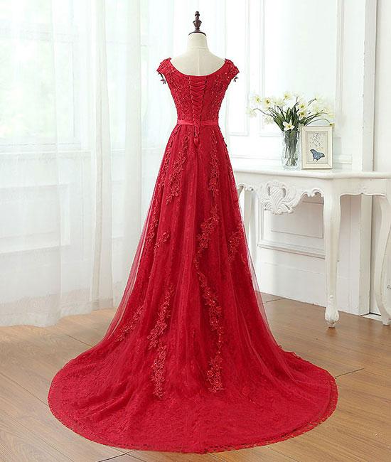 Burgundy tulle lace applique long prom dress, burgundy evening dress M4842