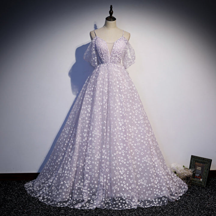 Princess Lilac Floral Prom Dress with Cold Sleeves M5514