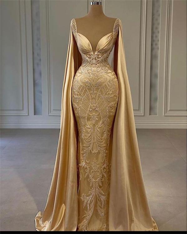Gold Mermaid Prom Dresses With Wrap Beaded Lace Appliqued Evening Dress Party Second Reception Gowns Plus Size M5671