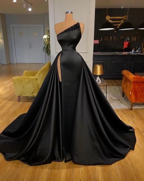 Black Satin Long Prom Dresses,long Formal Dresses M5557