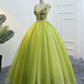 Fresh Green Tulle V Neck Long Lace Up Senior Prom Dress With Applique M5443