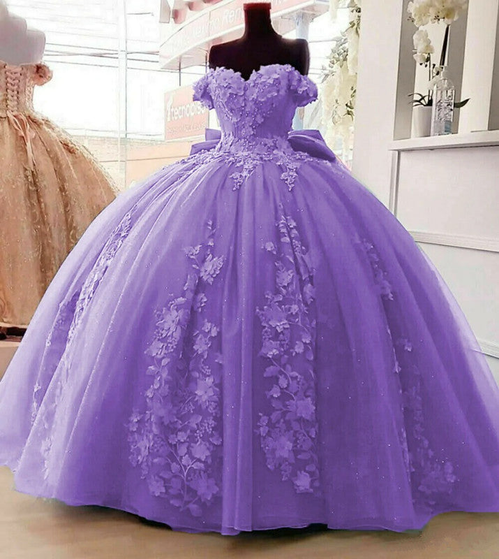 Princess Floral Quinceanera Dresses Purple Off Shoulder Sweet 16 Dress M6009