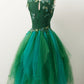 Unique v neck green tulle lace short prom M5751