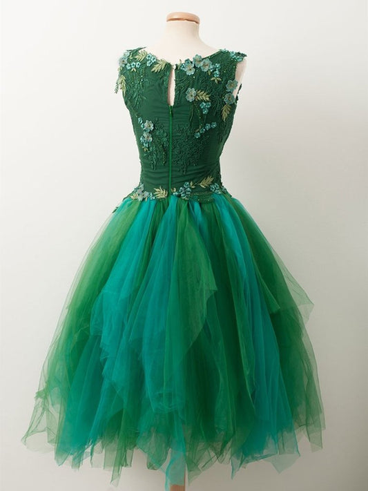 Unique v neck green tulle lace short prom M5751