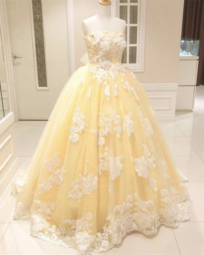 Lace Embroidery Tulle Ball Gown Strapless Dresses With Bow Sashes M5121
