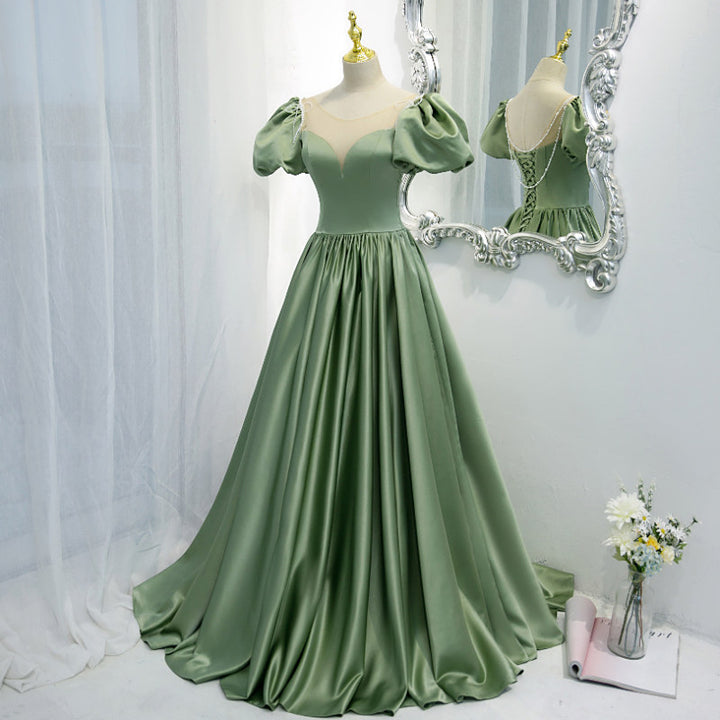 Crew Neck Sage Green Long Formal Dress with Puffy Sleeves M5513