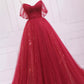 Burgundy tulle sequins long prom dress A line evening gown M5298