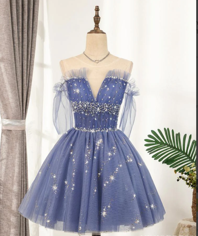 Sparkly Blue Homecoming Dresses 2022 Ruffled Hoco Dress M5909