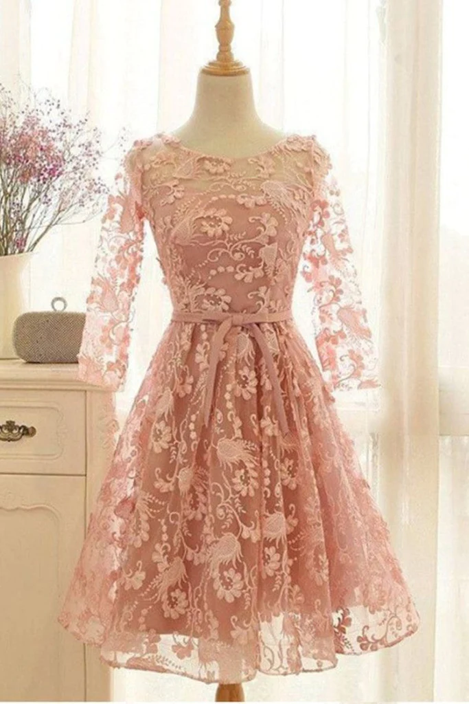 Lace Homecoming Dresses A Line Long Sleeves With Sash/Ribbon M5956