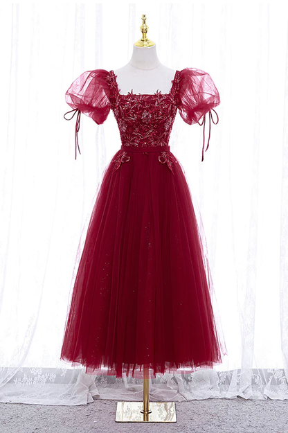 Burgundy tulle lace short prom dress homecoming dress M5988