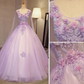 Unique Lilac Tulle Long Ball Gown Evening Dress with Flowers, Puffy Quinceanera Dresses M1619