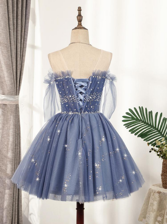 Sparkly Blue Homecoming Dresses 2022 Ruffled Hoco Dress M5909