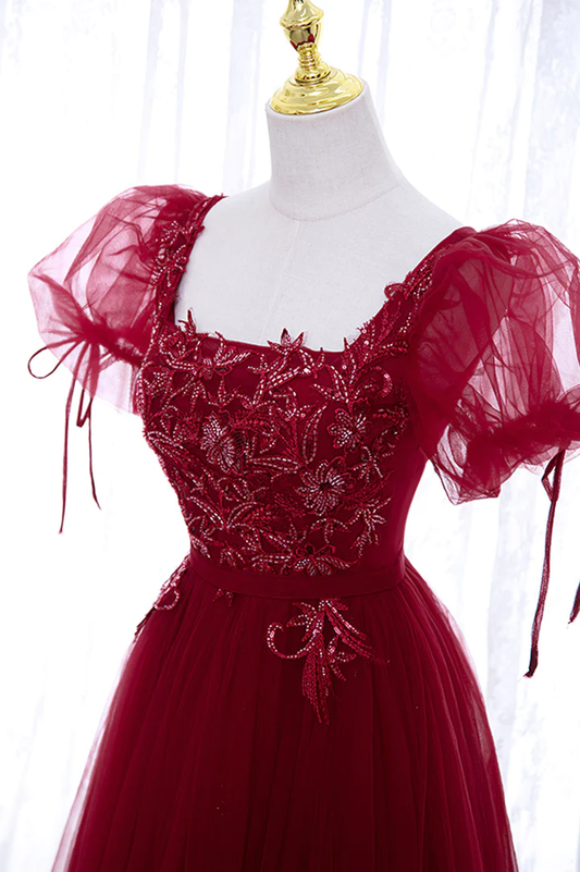 Burgundy tulle lace short prom dress homecoming dress M5988