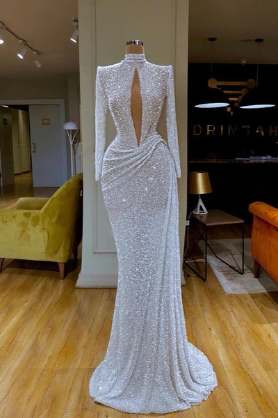 STUNNING LONG SLEEVE HIGH NECK SEQUINS PROM DRESS MERMAID LONG M5869