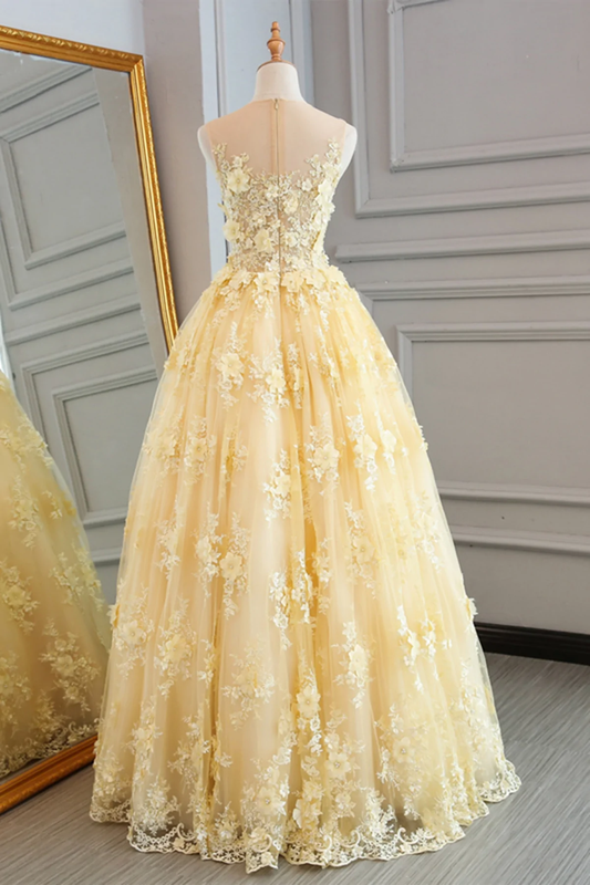 Yellow Prom Dresses,Lace Prom Dresses,Long Prom Dress,A-line Evening Dress,Senior Prom Dress,Halter Evening Dress M6015