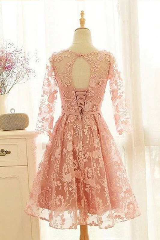 Lace Homecoming Dresses A Line Long Sleeves With Sash/Ribbon M5956