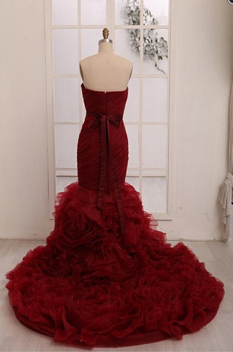 Sweetheart Neck Floor Length Burgundy Organza Mermaid Wedding Dress Prom Gown M5566