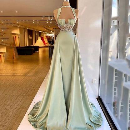 Arabic Green Mermaid Evening Dress Elegant Sleeveless Halter Neck Soft Satin Beading Prom Dresses Long Party Gown M5588