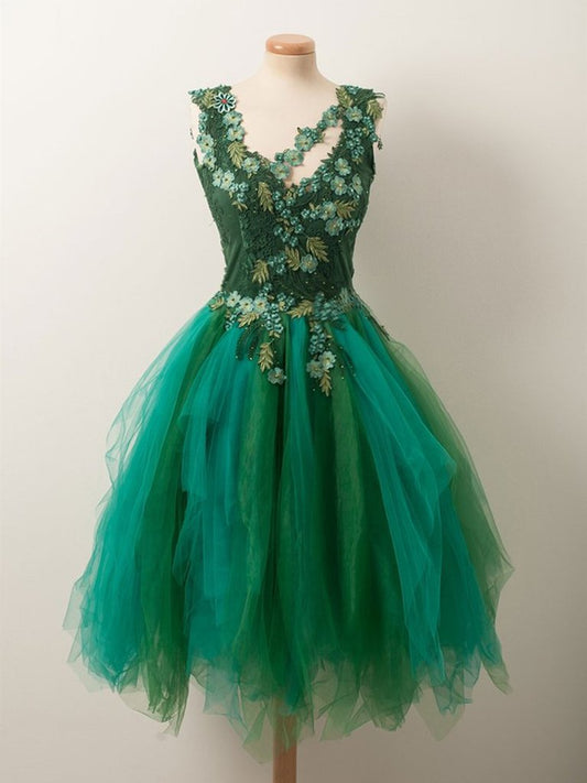 Unique v neck green tulle lace short prom M5751