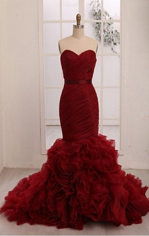 Sweetheart Neck Floor Length Burgundy Organza Mermaid Wedding Dress Prom Gown M5566