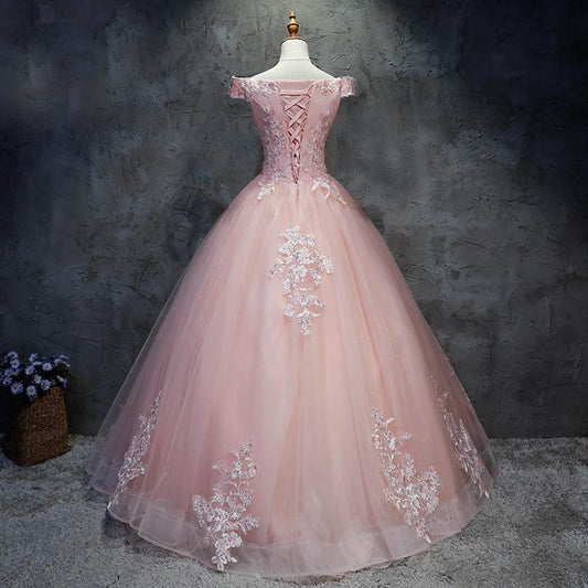 Pink Cap Sleeves Ball Gown Tulle With Lace Sweet 16 prom Dresses, Long Quinceanera Dresses M5381