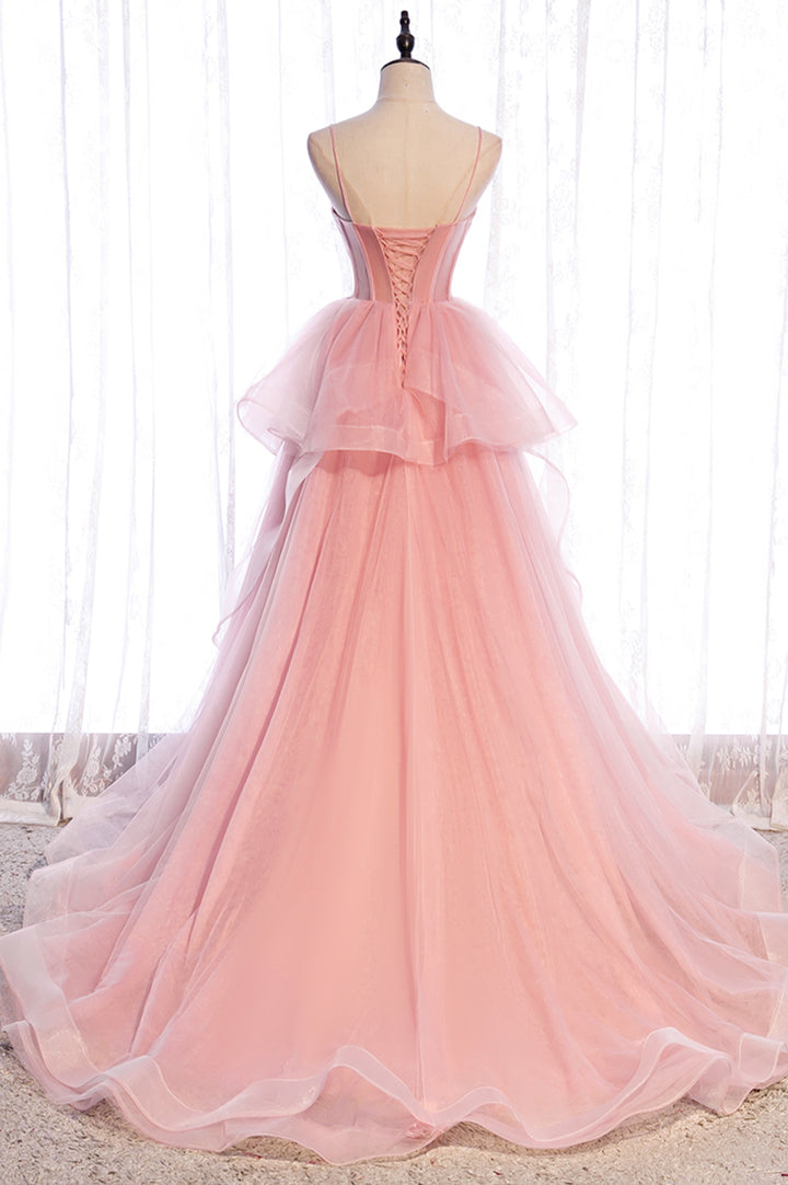 Pink tulle long prom dress A line evening gown M5355