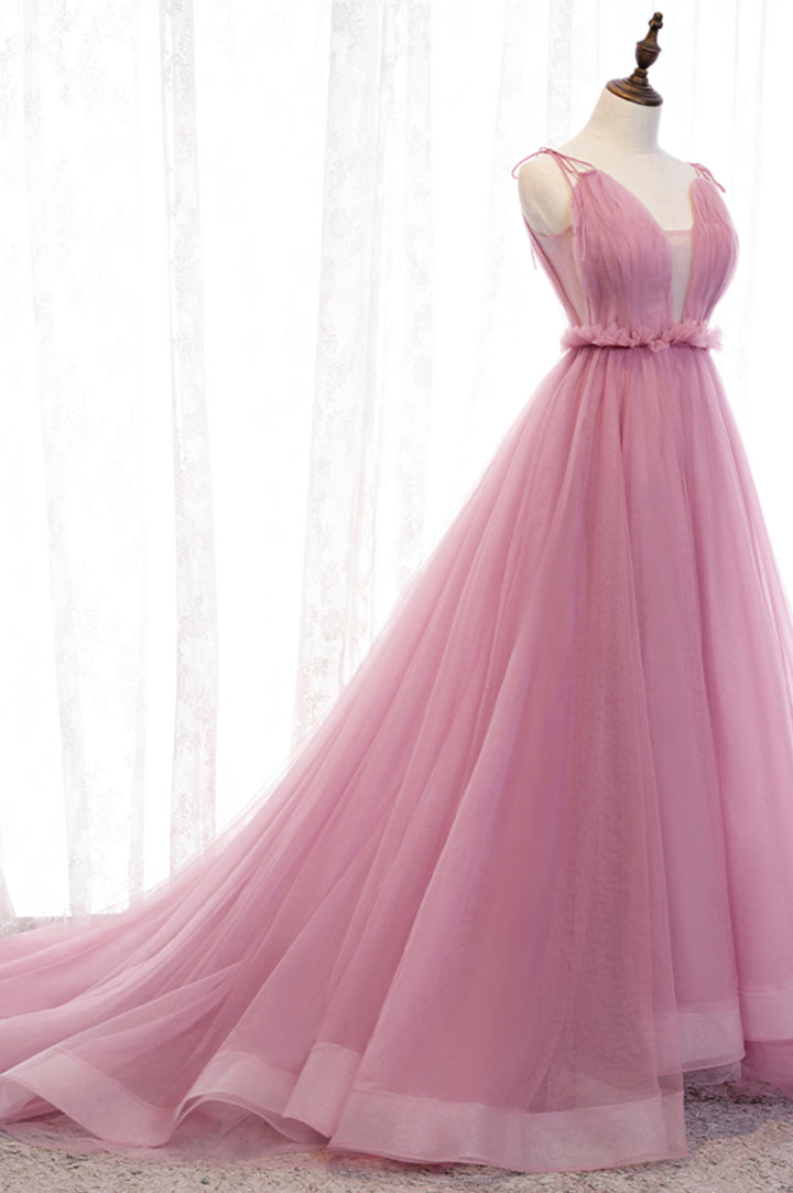 Pink tulle long prom dress A line evening dress M5378