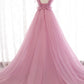 Pink tulle long prom dress A line evening dress M5378