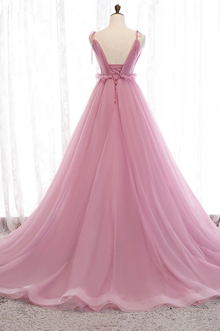 Pink tulle long prom dress A line evening dress M5378