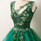 Unique v neck green tulle lace short prom M5751