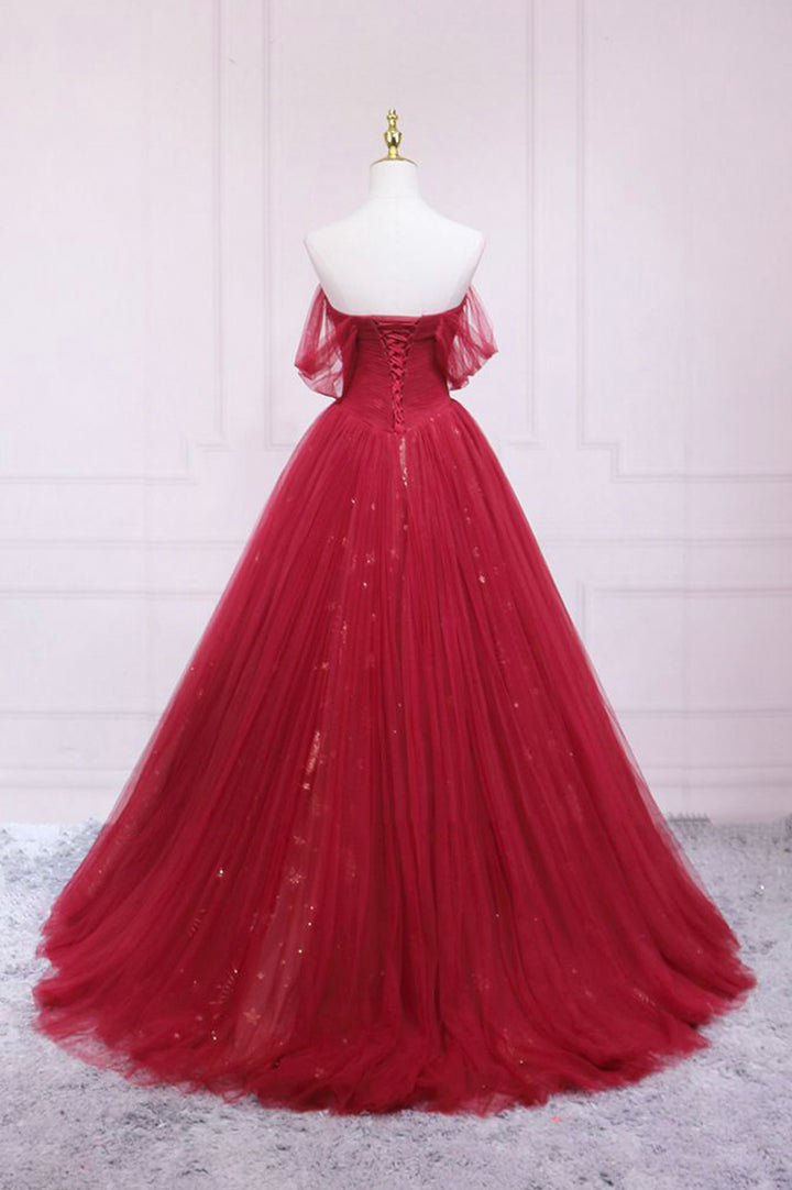 Burgundy tulle sequins long prom dress A line evening gown M5298