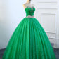 Strapless Green Sequins Tulle Long A Line Beaded Prom Dress, Formal Dress M5445