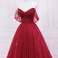 Burgundy tulle sequins long prom dress A line evening gown M5298