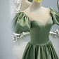Crew Neck Sage Green Long Formal Dress with Puffy Sleeves M5513