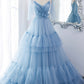 Blue tulle long prom dress blue evening dress M5295