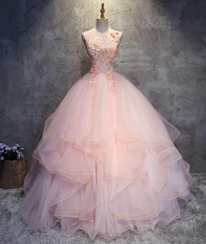 Pink round neck tulle lace applique long prom dress, pink evening dress M4834