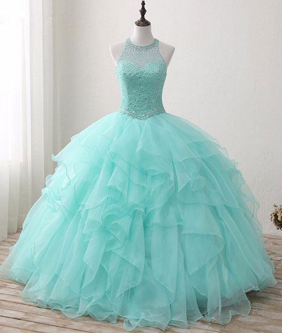 Cute green round neck tulle beads long prom dress, sweet 16 dress M4885