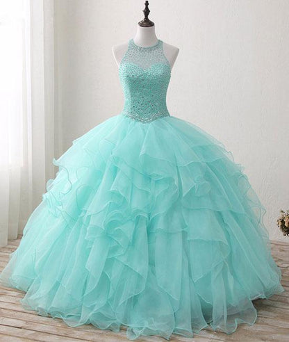 Cute green round neck tulle beads long prom dress, sweet 16 dress M4885