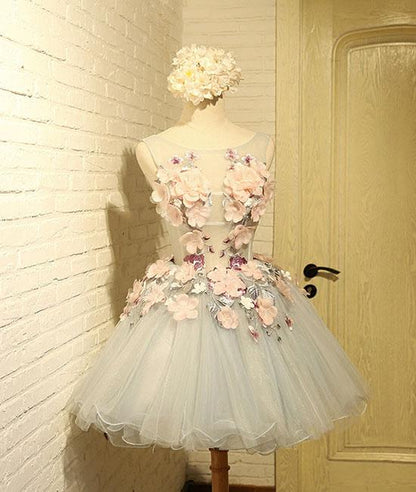 Cute round neck gray tulle lace applique short prom dresses M4872
