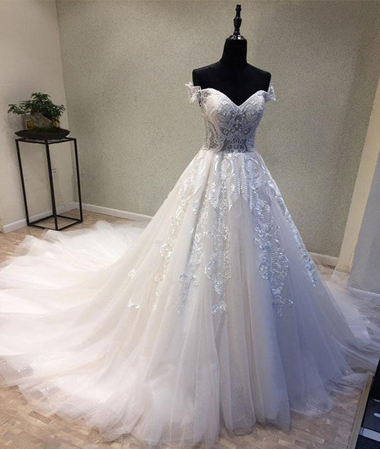 White sweetheart tulle lace applique long prom dress, wedding dress M4849