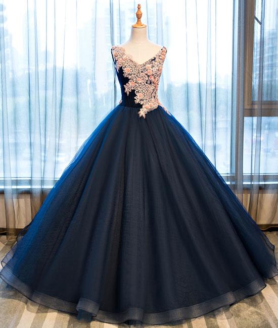 Dark blue v neck satin lace long prom gown ,dark blue evening dress M4810