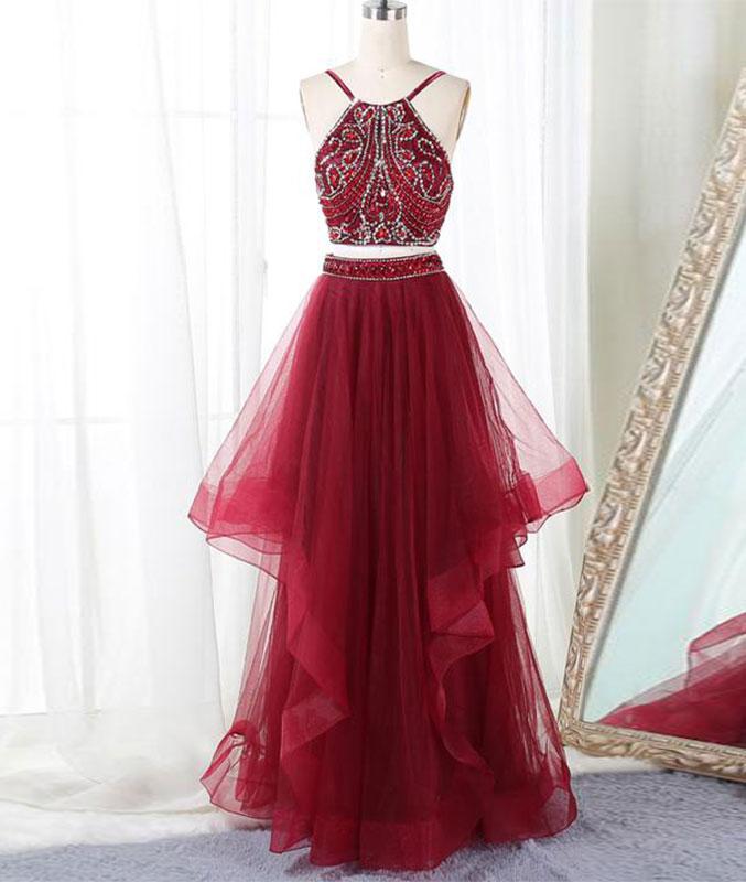 Burgundy two pieces beads long prom dress, burgundy evening dress M4850