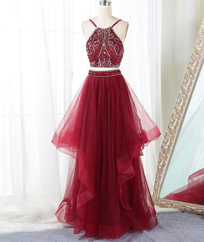 Burgundy two pieces beads long prom dress, burgundy evening dress M4850
